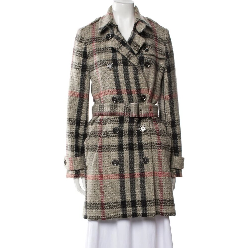 Burberry Grey Red Black 100% Wool Nova Plaid Coat